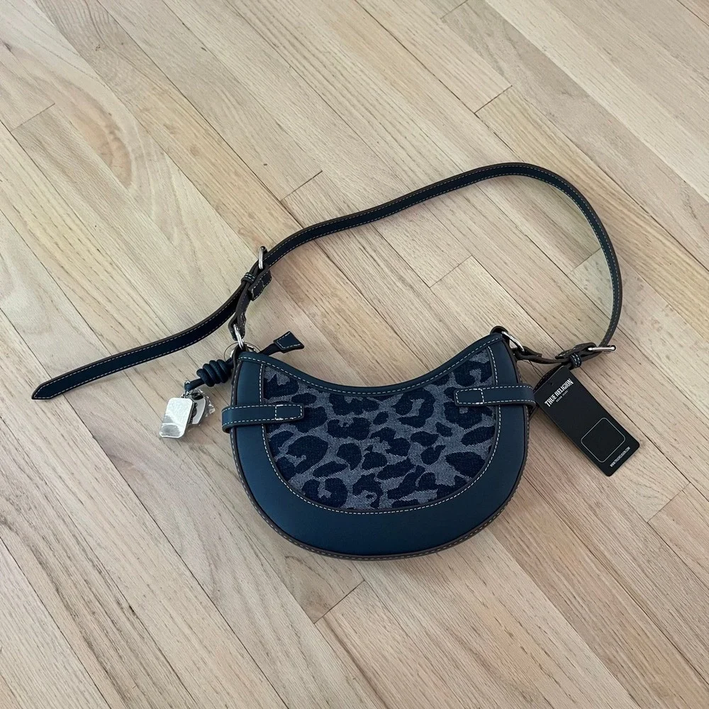 True Religion Women Navy Blue Leopard Print Denim Crescent Shoulder Bag‎ New